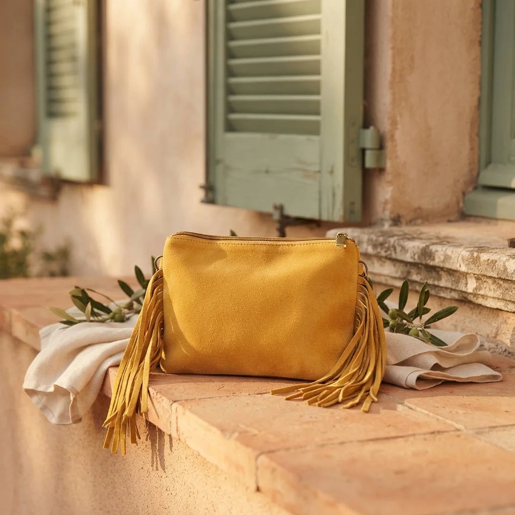Yellow small suede fringe bag styled in a warm Mediterranean setting