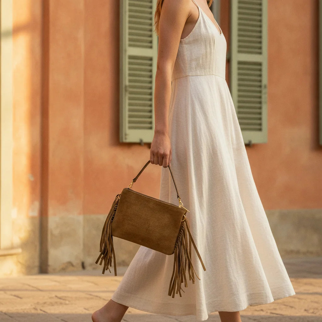 Woman wearing Yellow small suede fringe bag with swaying fringe