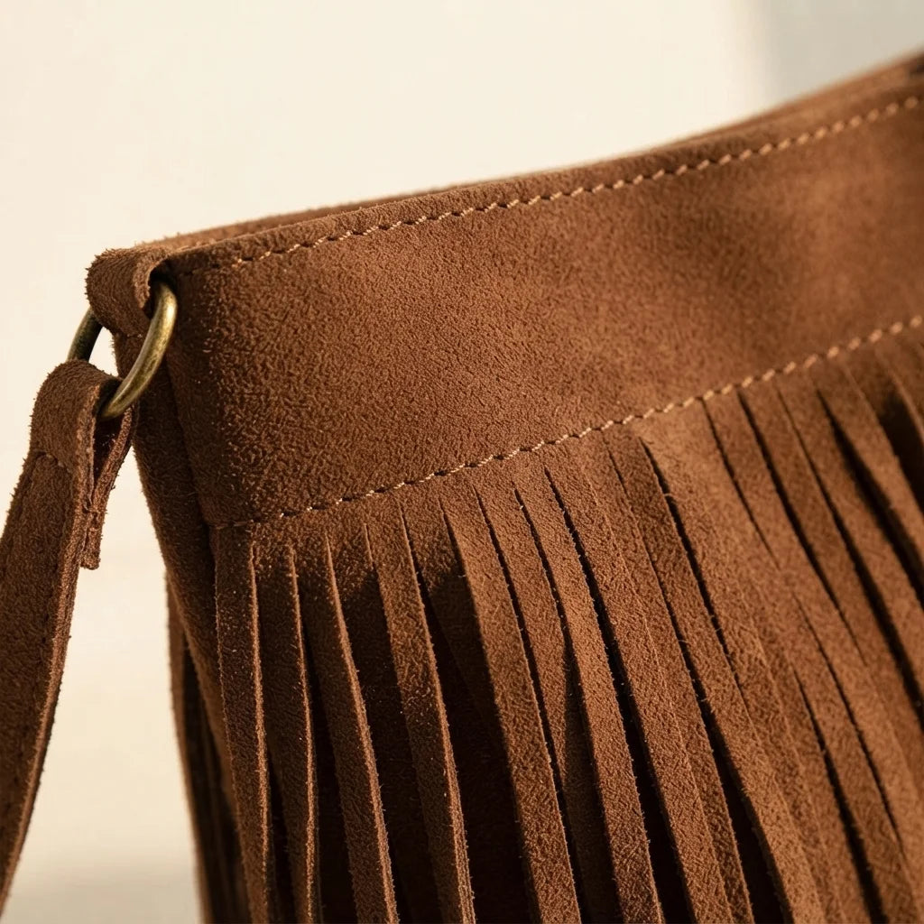 Close-up of fringe stitching and texture on Brown small tan fringe bag