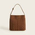 Brown small tan fringe bag, front view