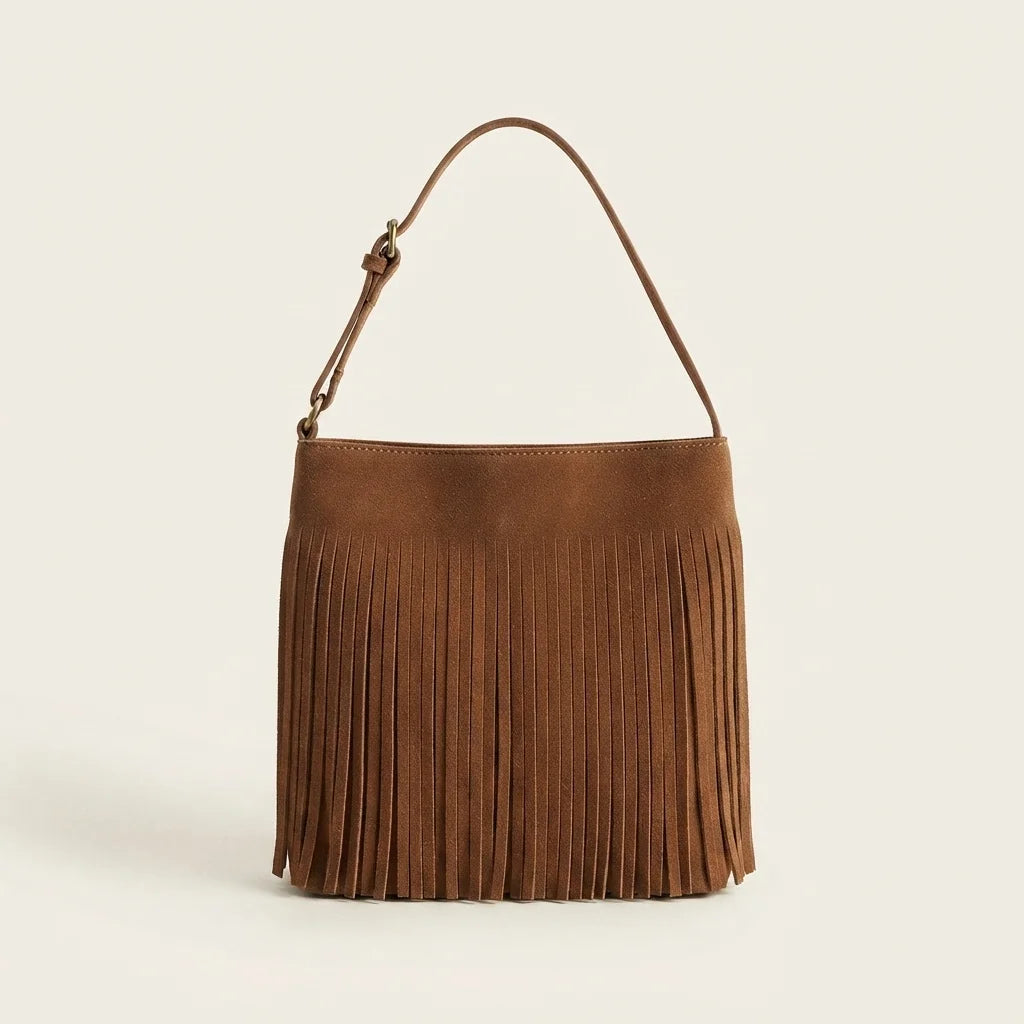Brown small tan fringe bag, front view