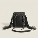 Back panel of Black studded fringe crossbody bag with strap attachments