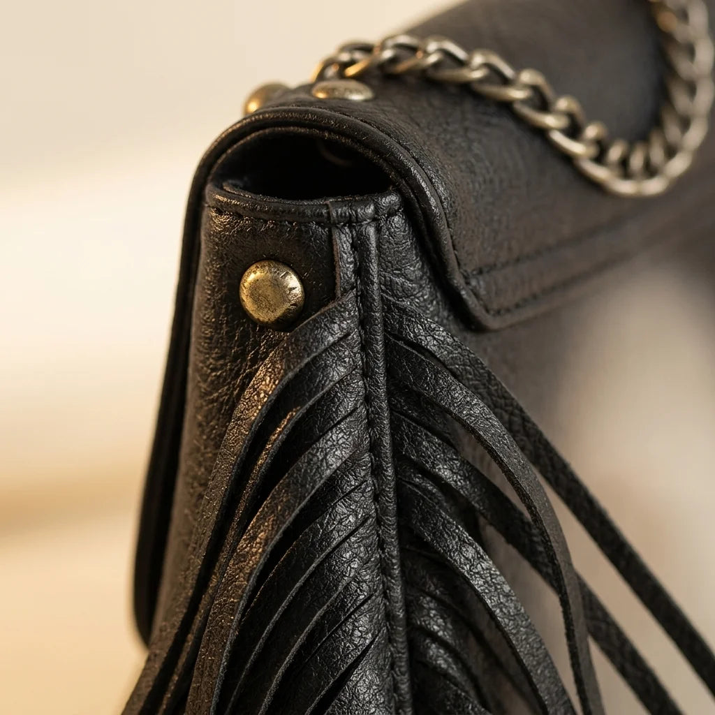 Close-up of fringe stitching and texture on Black studded fringe crossbody bag
