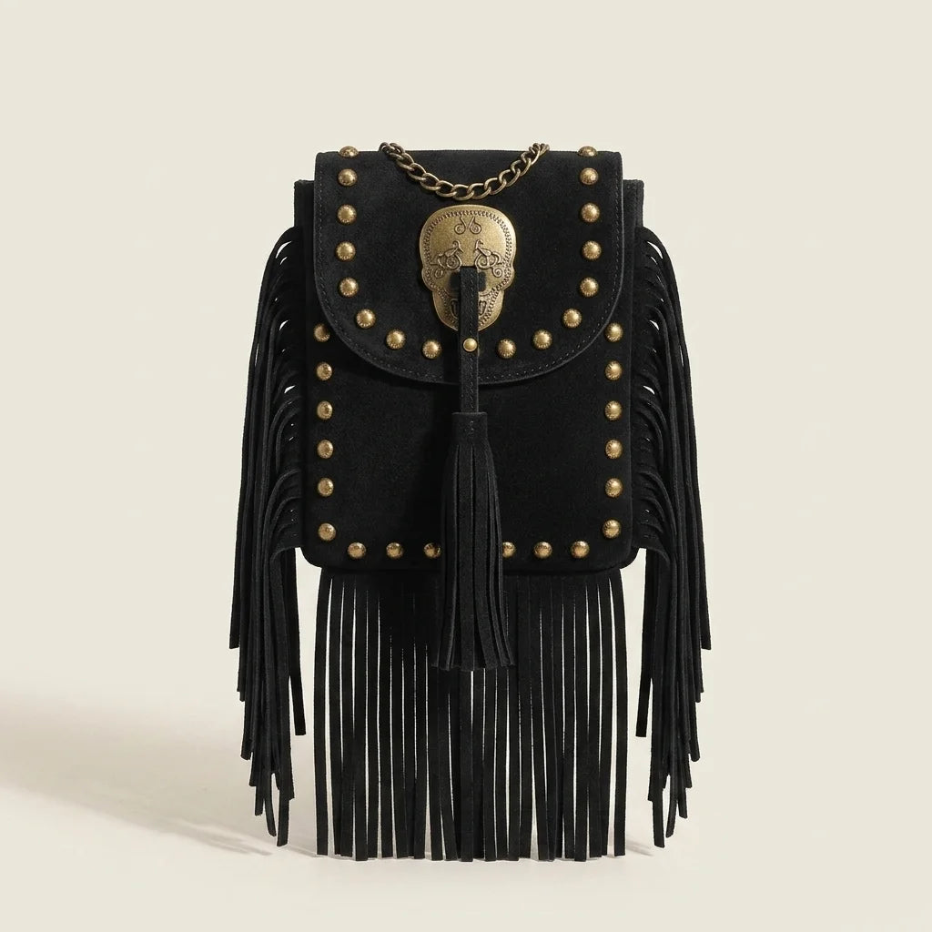 Black studded fringe crossbody bag, front view