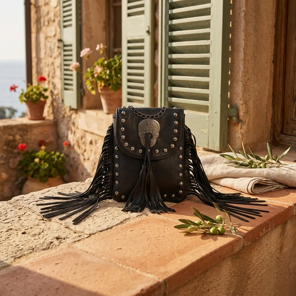 Black studded fringe crossbody bag styled in a warm Mediterranean setting