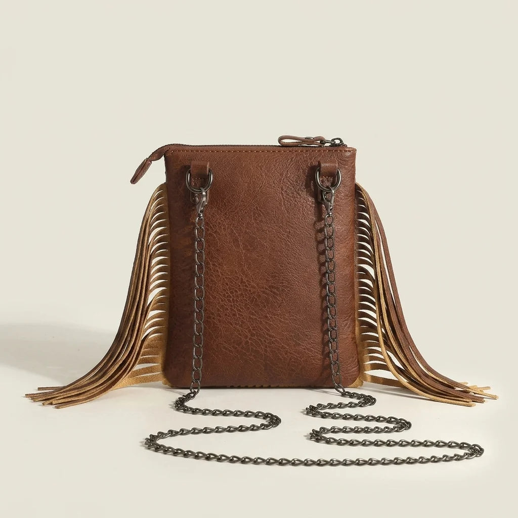 Back panel of Brown studded fringe crossbody bag with strap attachments