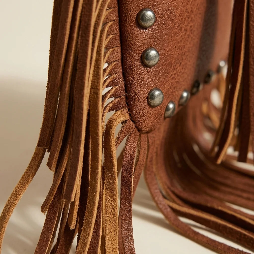 Close-up of fringe stitching and texture on Brown studded fringe crossbody bag