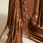 Close-up of fringe stitching and texture on Brown studded fringe crossbody bag