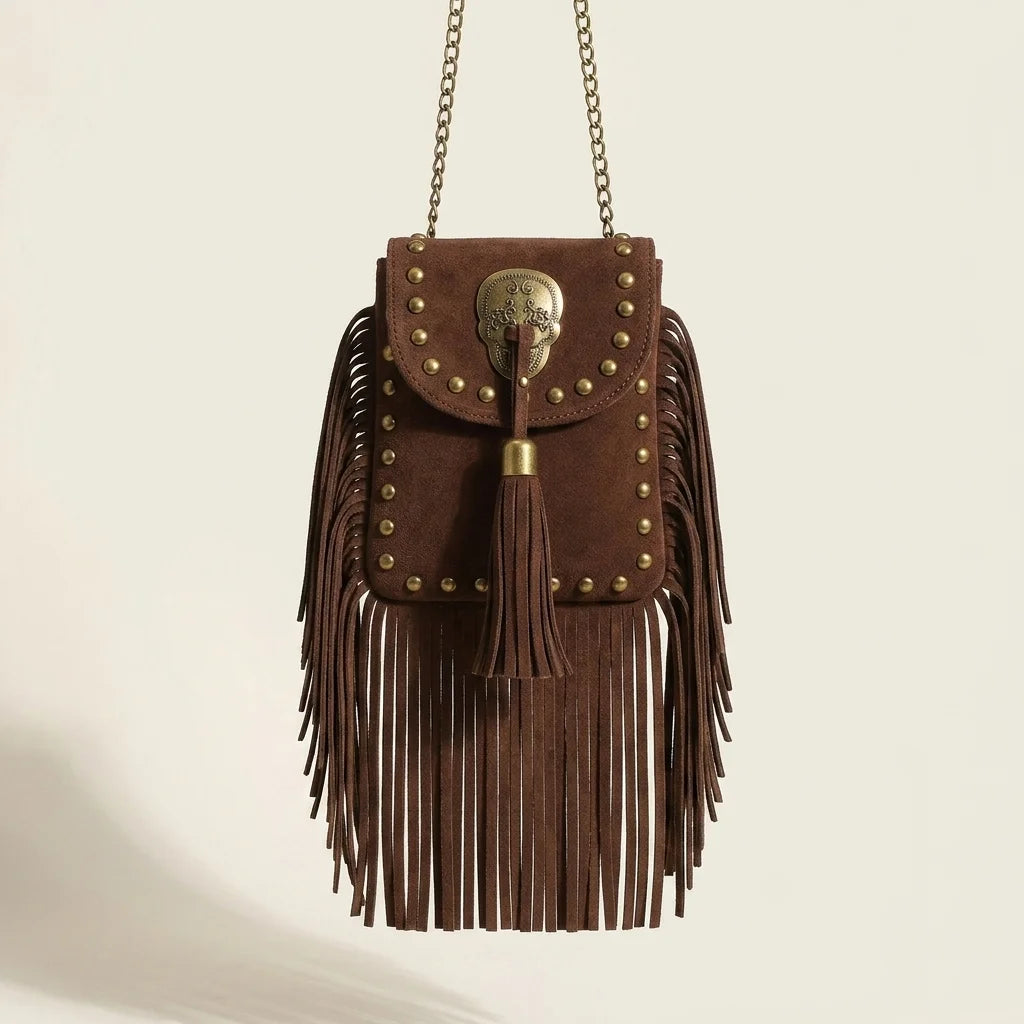 Brown studded fringe crossbody bag, front view