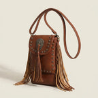 Brown studded fringe crossbody bag, three-quarter angle showing side depth