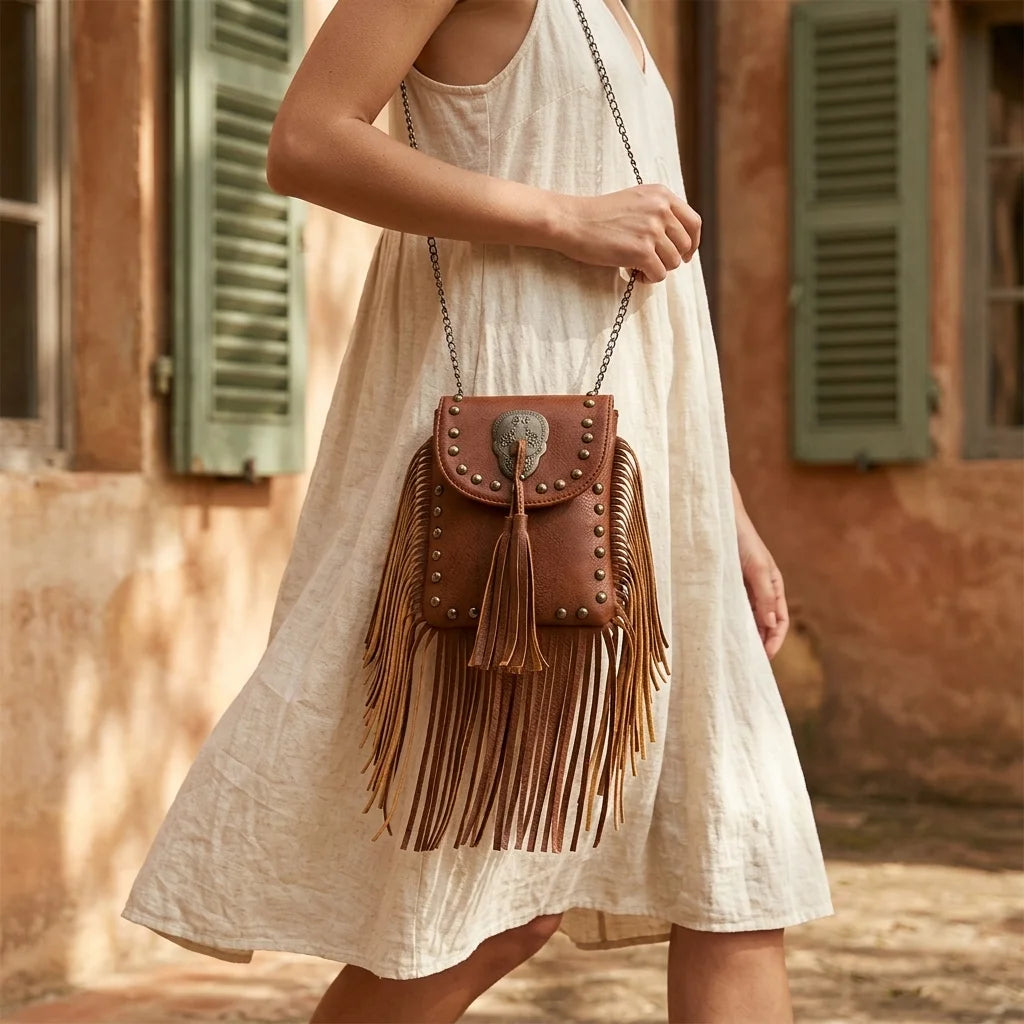 Woman wearing Brown studded fringe crossbody bag with swaying fringe
