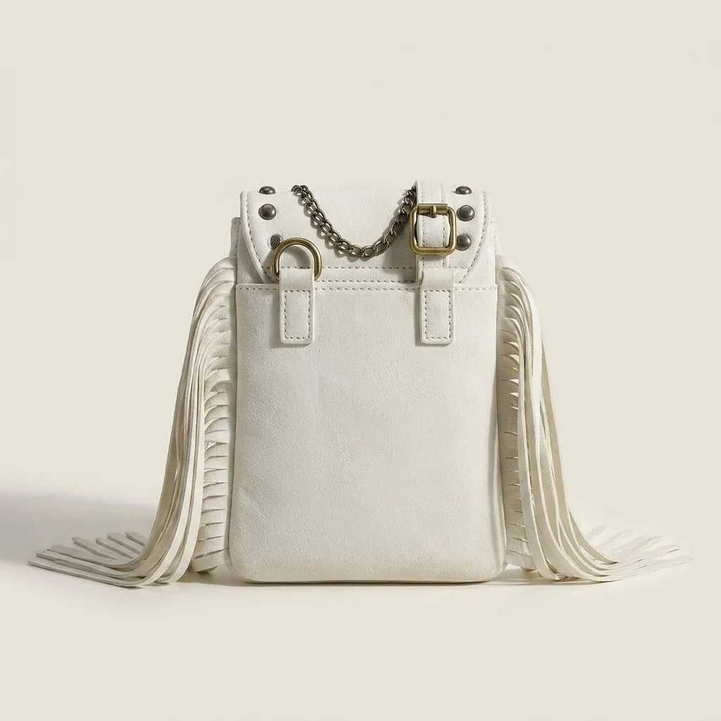 Back panel of White studded fringe crossbody bag with strap attachments