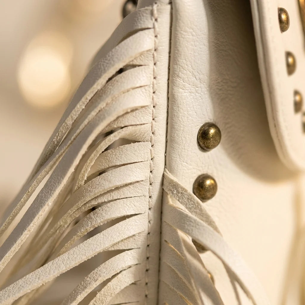 Close-up of fringe stitching and texture on White studded fringe crossbody bag