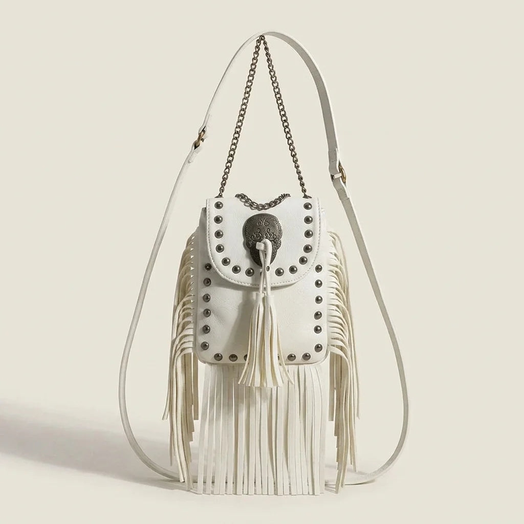 White studded fringe crossbody bag, front view