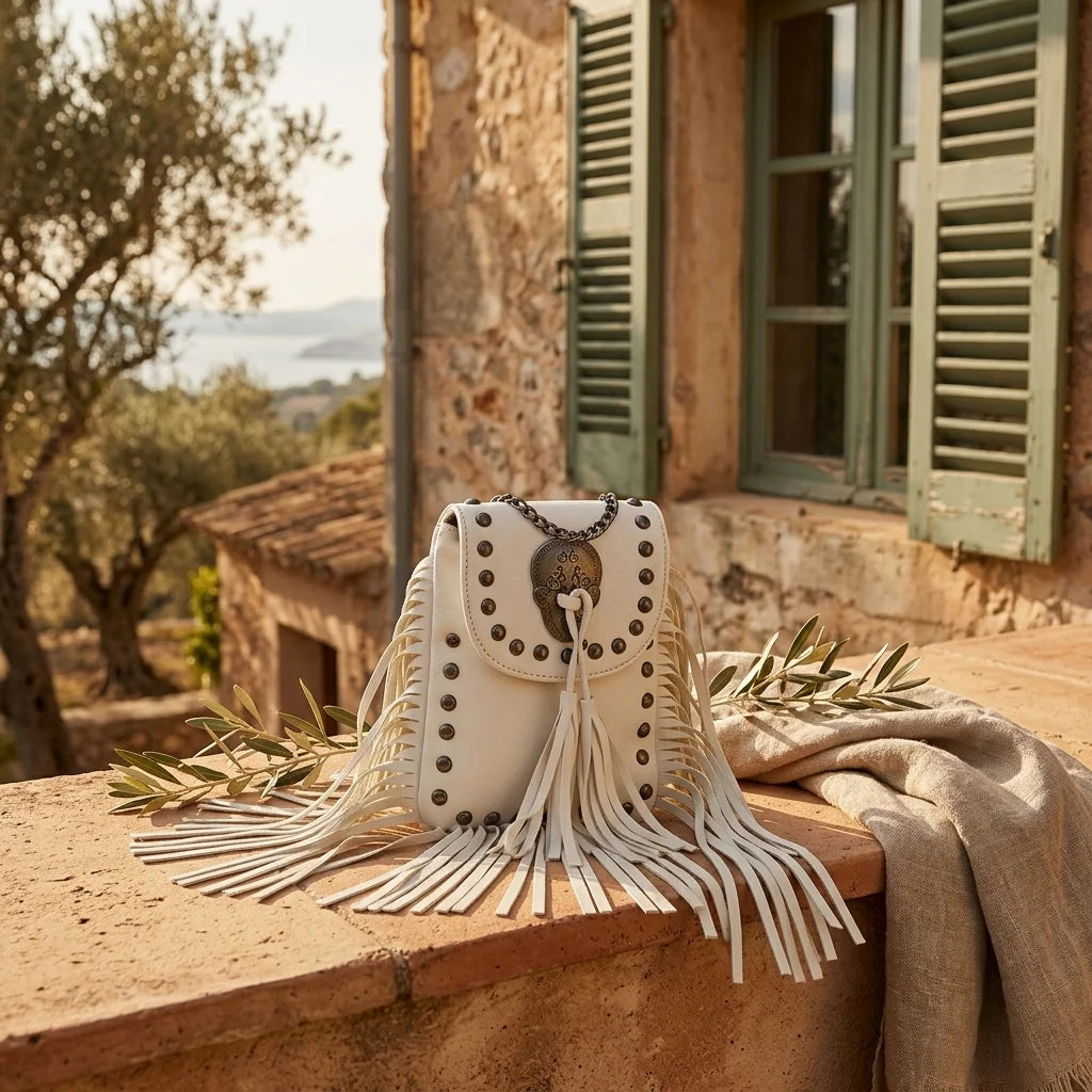 White studded fringe crossbody bag styled in a warm Mediterranean setting