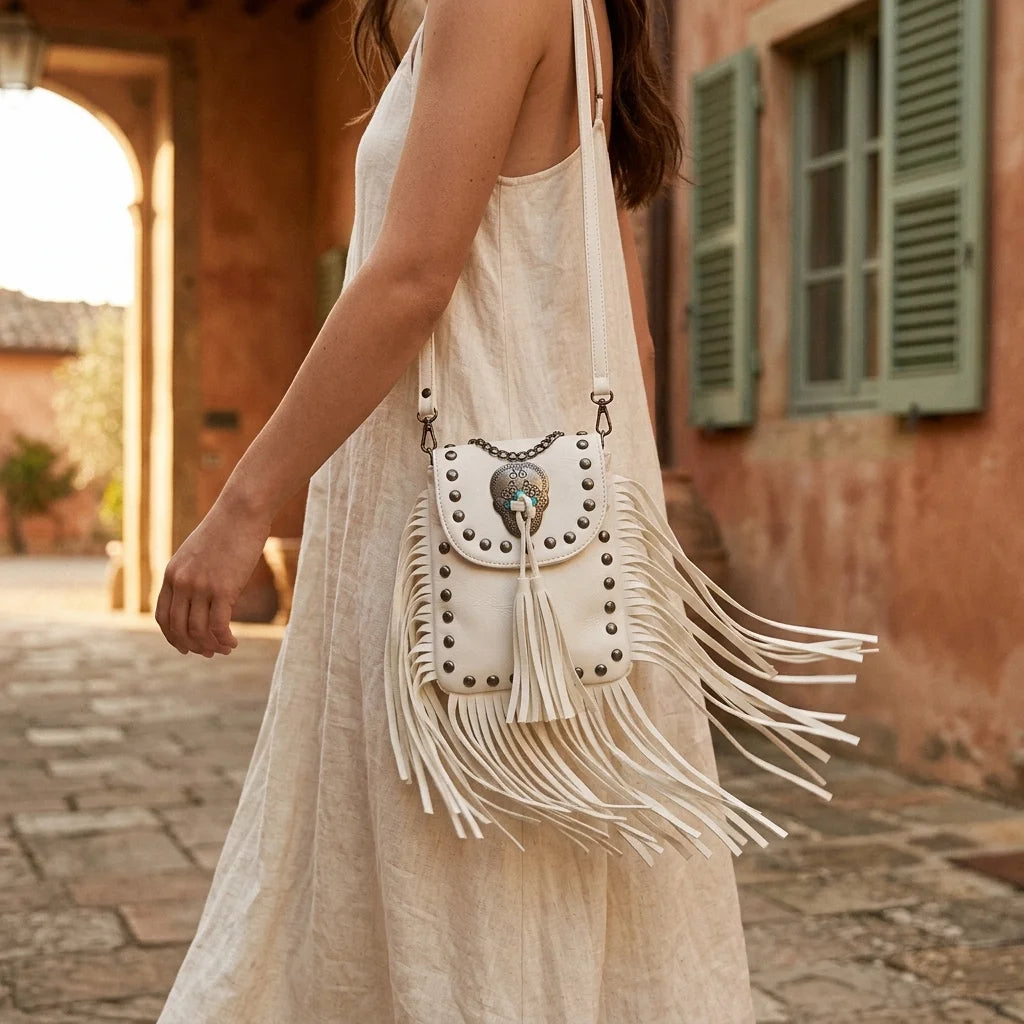 Woman wearing White studded fringe crossbody bag with swaying fringe