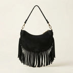Back panel of Black suede fringe clutch bag with strap attachments