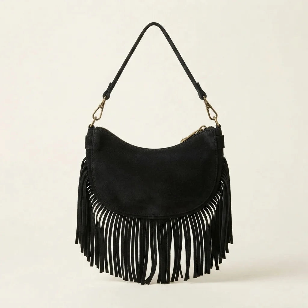 Back panel of Black suede fringe clutch bag with strap attachments