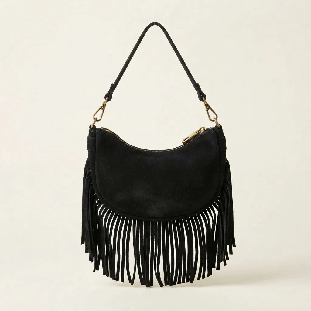 Black suede fringe clutch bag, front view
