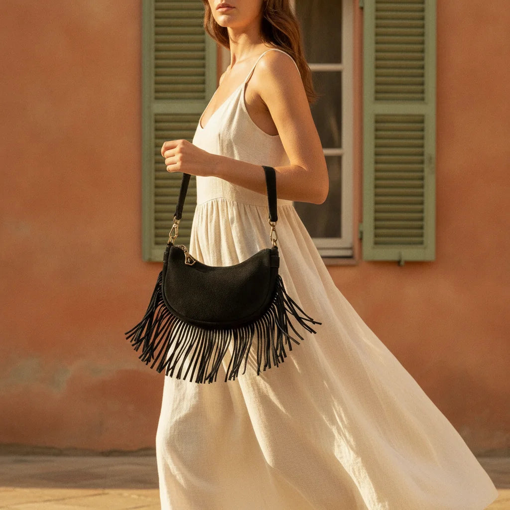 Woman wearing Black suede fringe clutch bag with swaying fringe