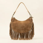 Back panel of Camel suede fringe clutch bag with strap attachments