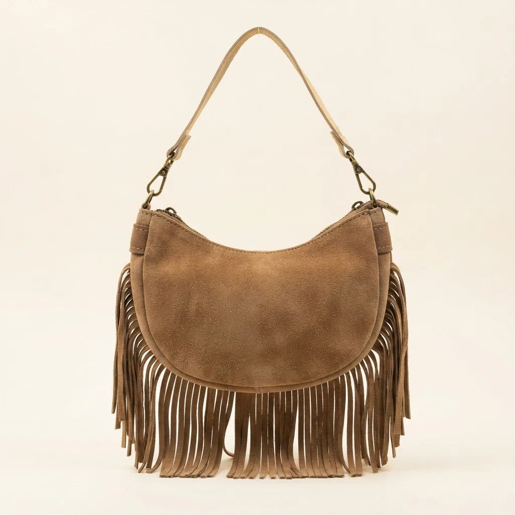 Back panel of Camel suede fringe clutch bag with strap attachments