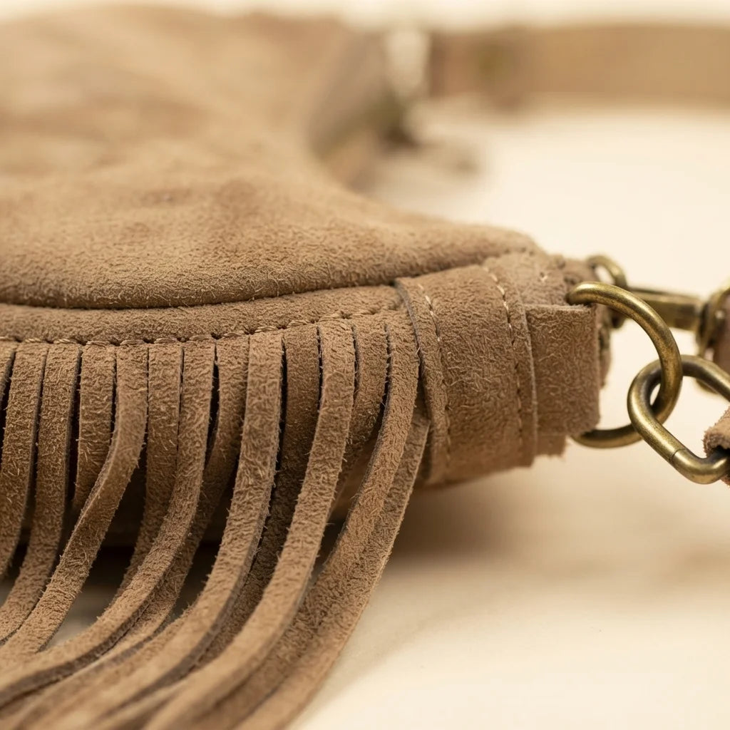 Close-up of fringe stitching and texture on Camel suede fringe clutch bag