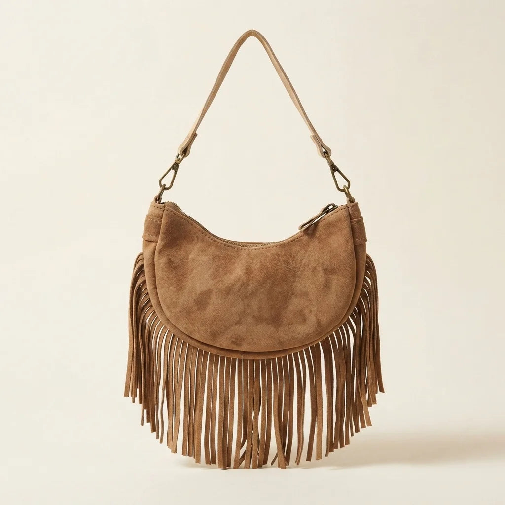 Camel suede fringe clutch bag, front view