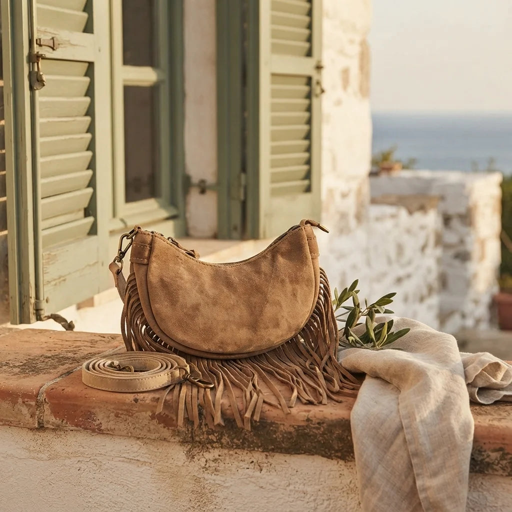 Camel suede fringe clutch bag styled in a warm Mediterranean setting