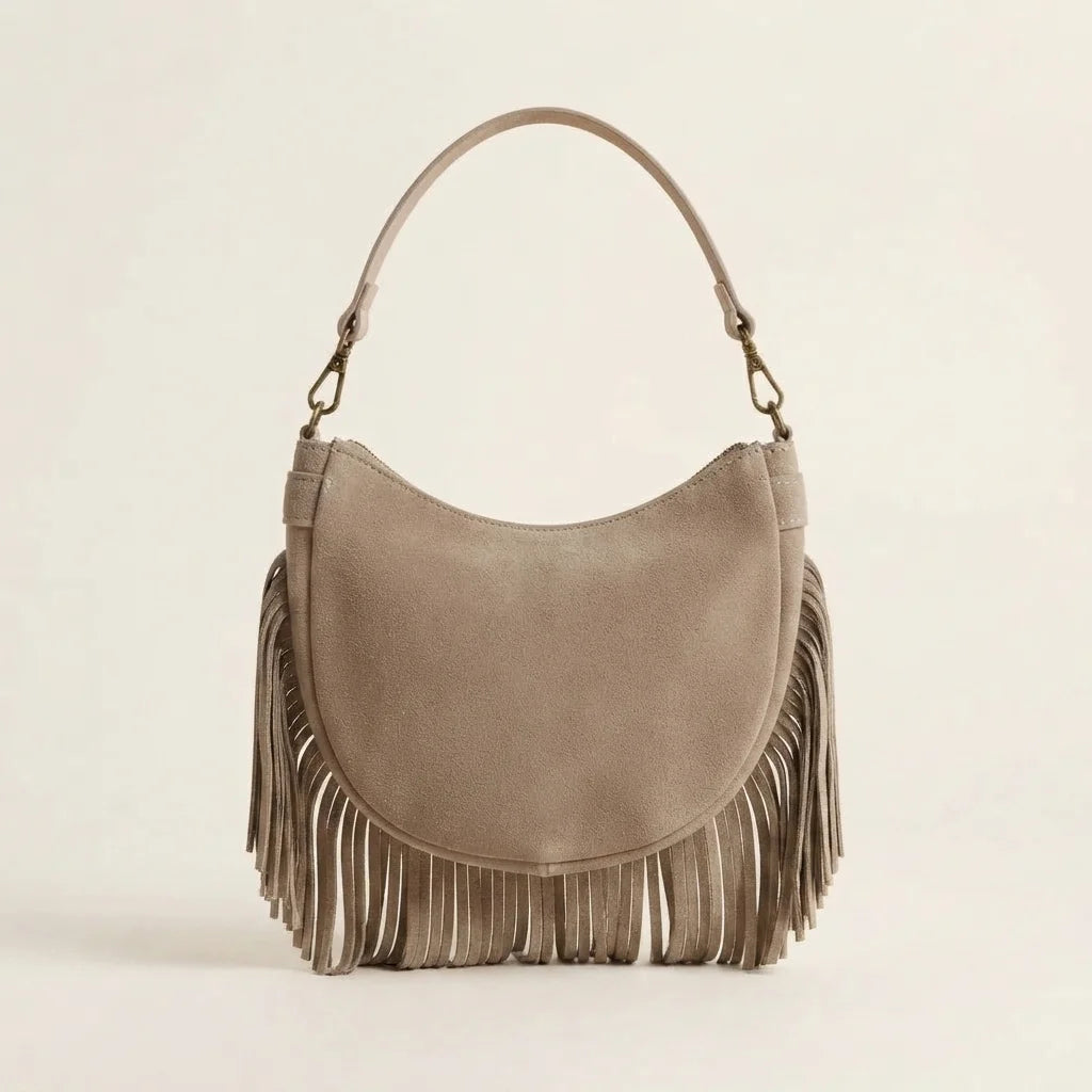 Back panel of Taupe suede fringe clutch bag with strap attachments