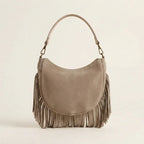 Back panel of Taupe suede fringe clutch bag with strap attachments