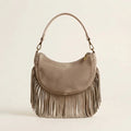 Taupe suede fringe clutch bag, front view