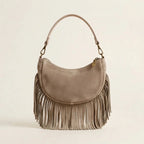 Taupe suede fringe clutch bag, front view