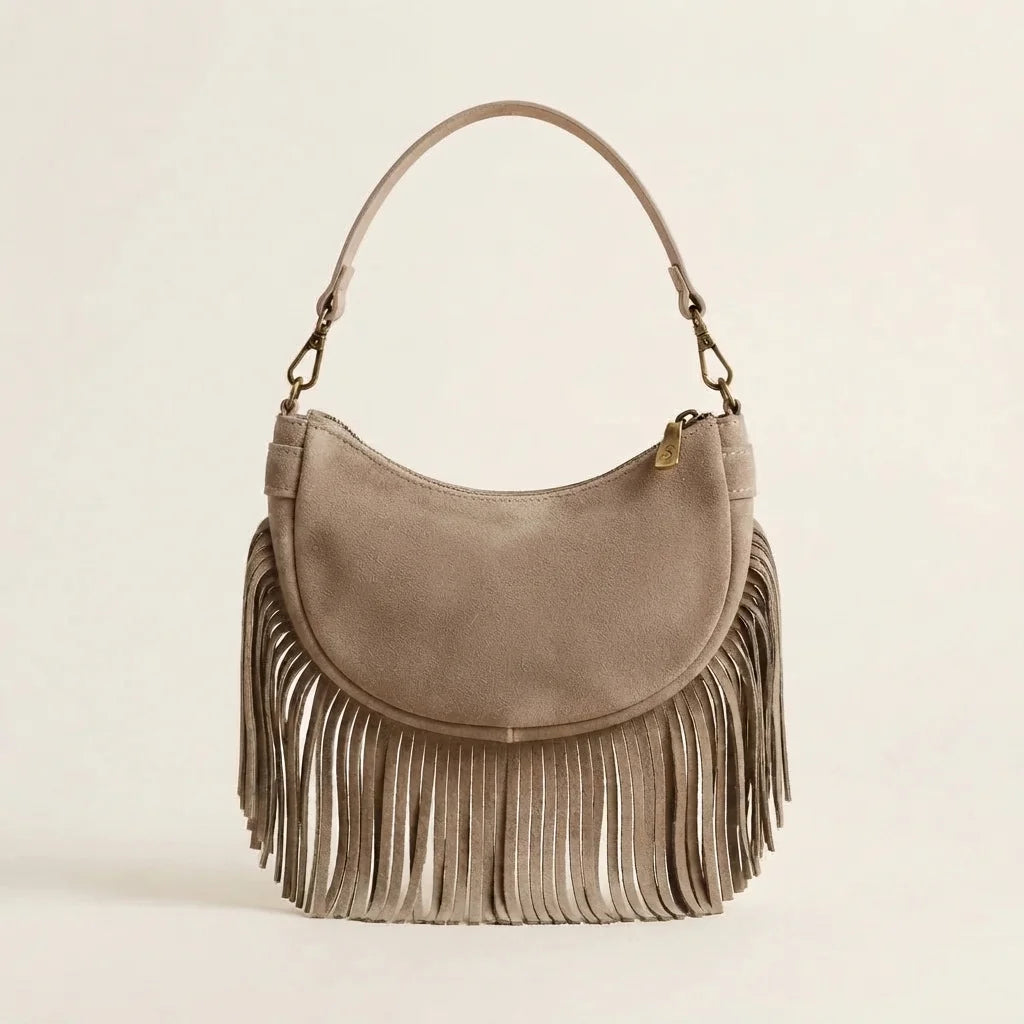 Taupe suede fringe clutch bag, front view