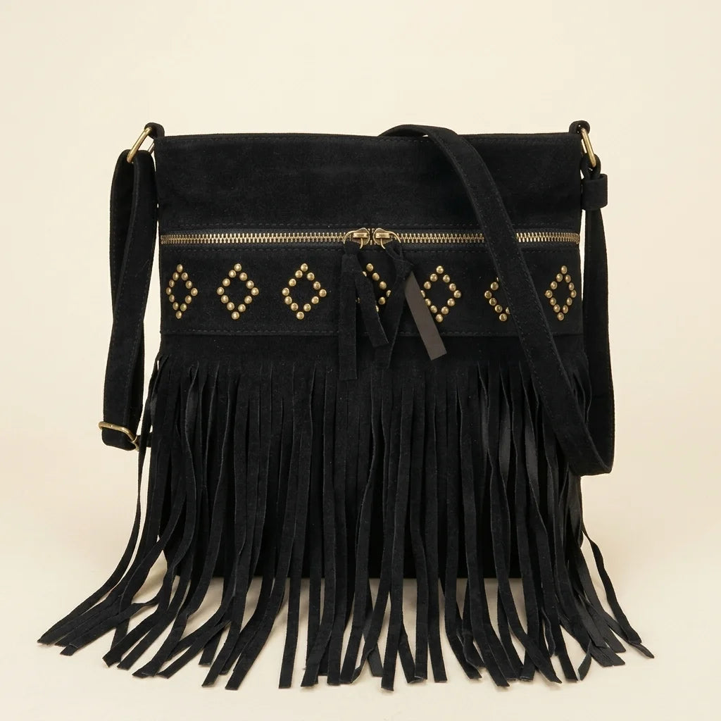 Black suede fringe messenger bag, front view