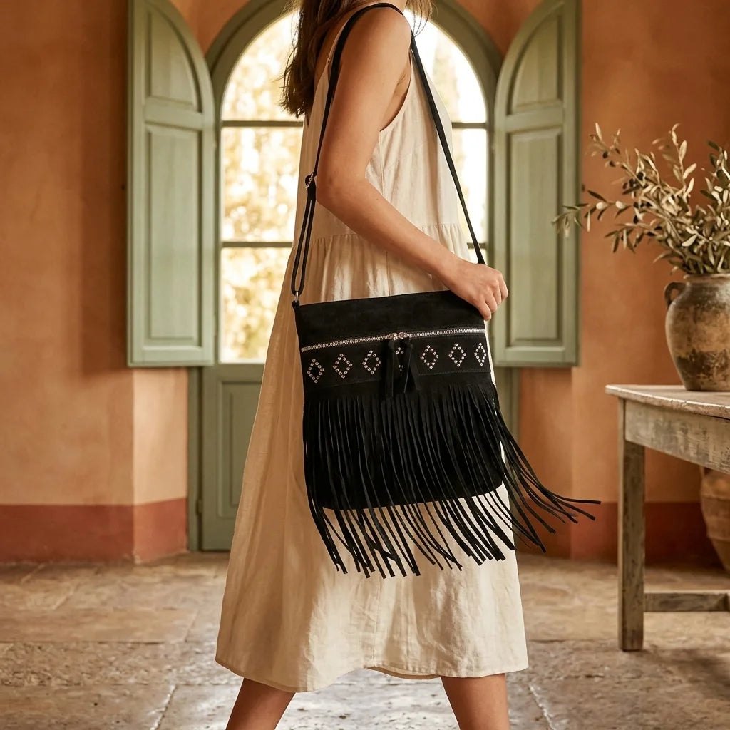 Woman wearing Black suede fringe messenger bag with swaying fringe