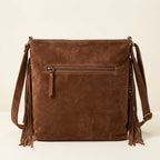 Back panel of Brown suede fringe messenger bag with strap attachments
