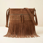 Brown suede fringe messenger bag, front view