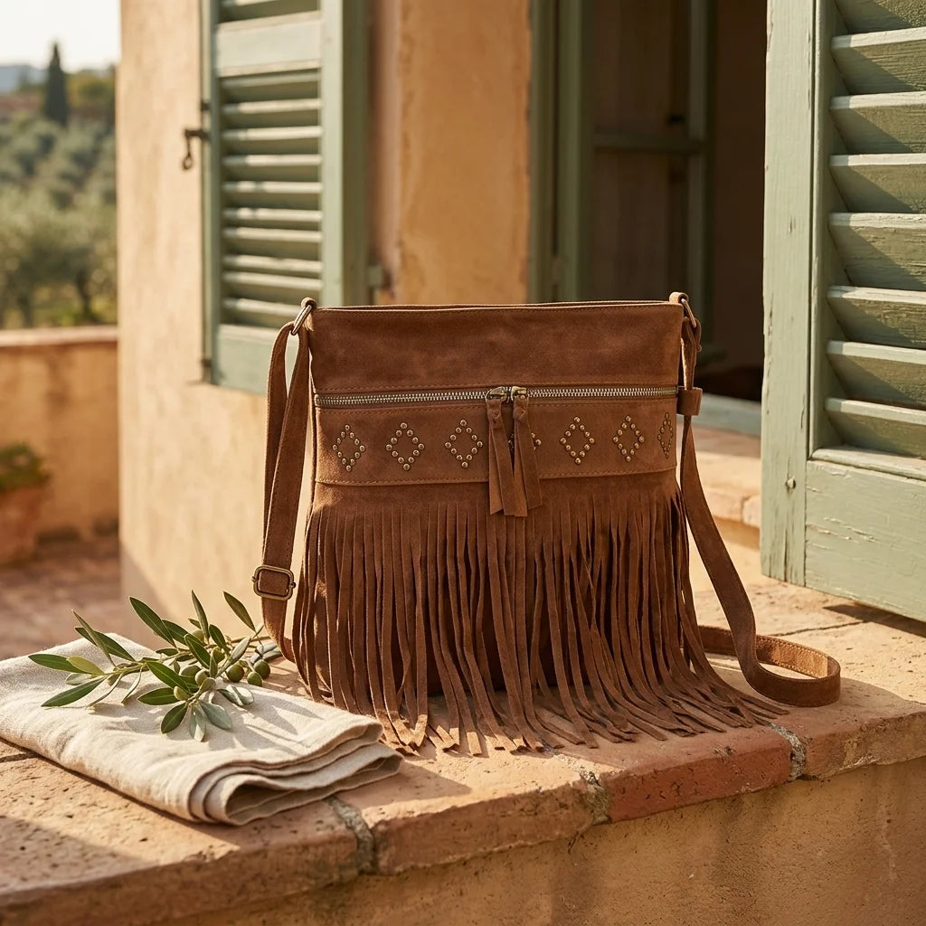 Brown suede fringe messenger bag styled in a warm Mediterranean setting