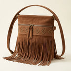 Brown suede fringe messenger bag, three-quarter angle showing side depth