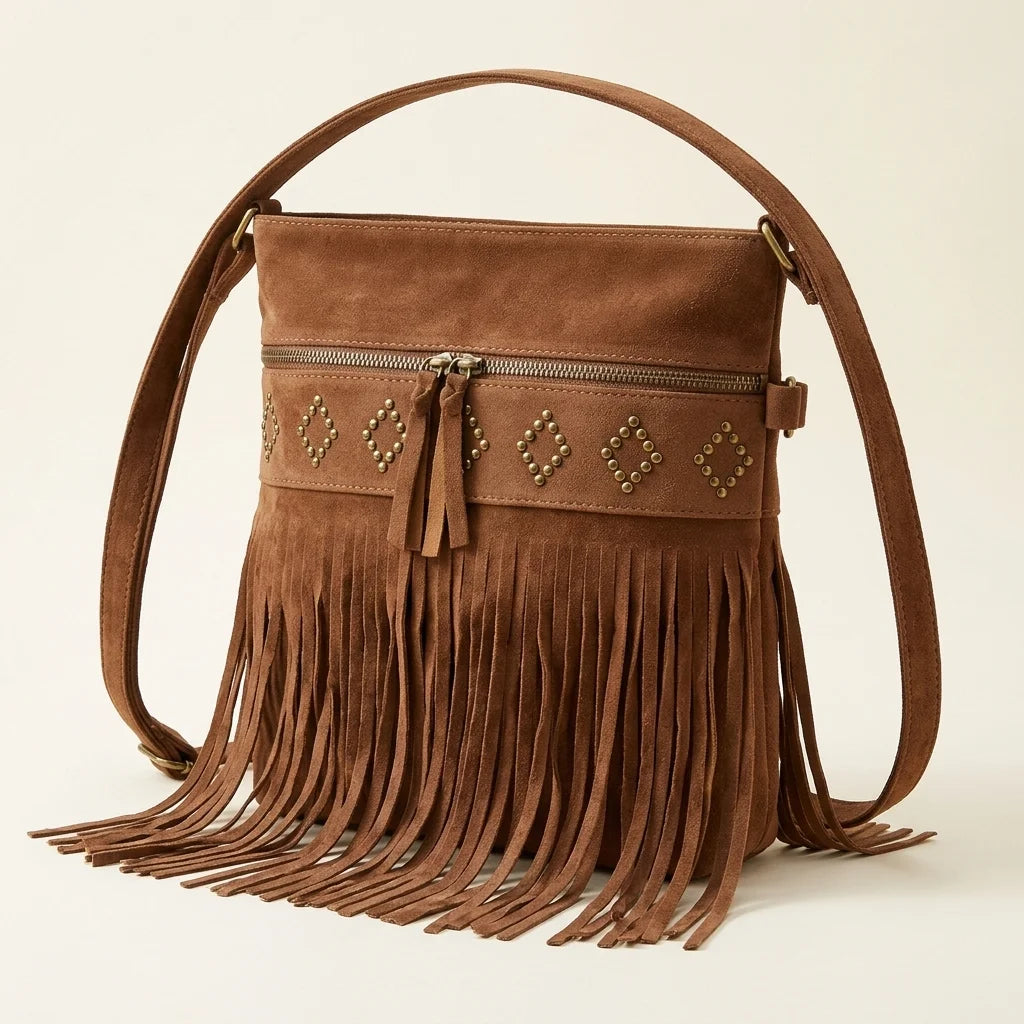 Brown suede fringe messenger bag, three-quarter angle showing side depth