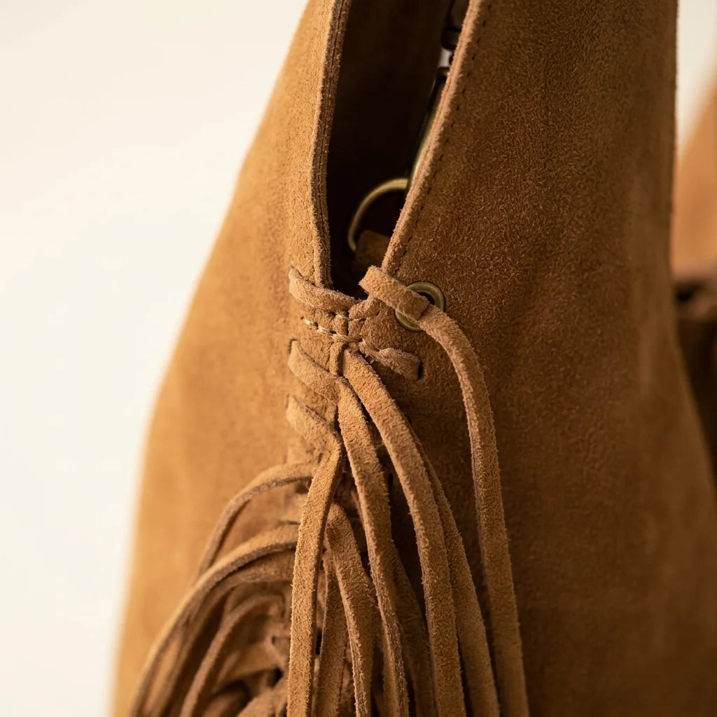 Close-up of fringe stitching and texture on Brown suede leather fringe bag