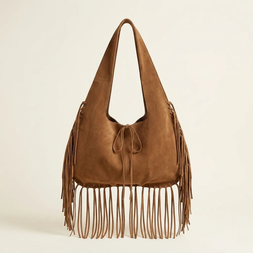 Brown suede leather fringe bag, front view