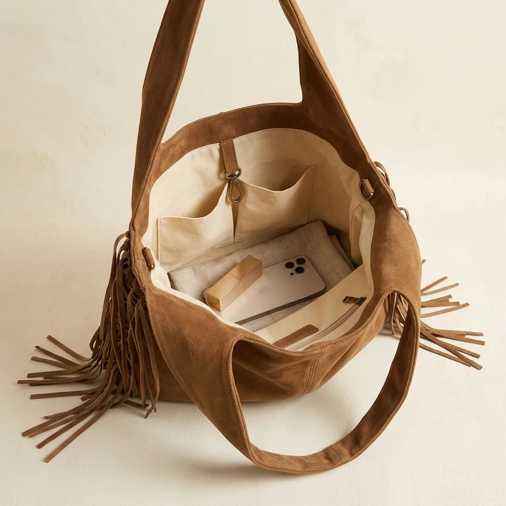 Interior lining and pockets of Brown suede leather fringe bag