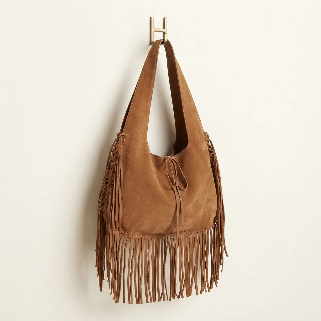 Brown suede leather fringe bag, three-quarter angle showing side depth