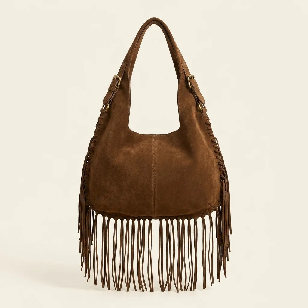 Back panel of Coffee suede leather fringe bag with strap attachments