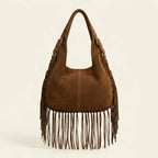 Back panel of Coffee suede leather fringe bag with strap attachments