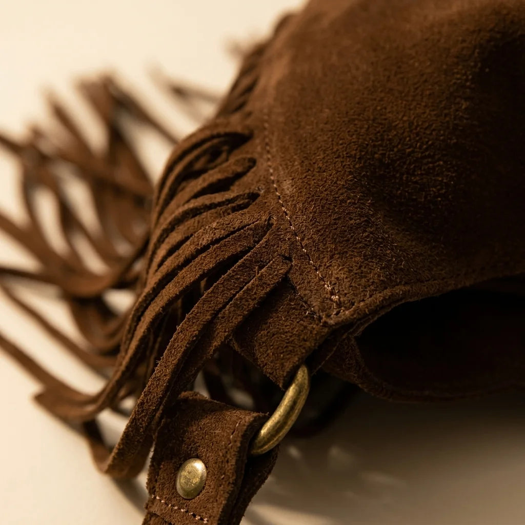 Close-up of fringe stitching and texture on Coffee suede leather fringe bag