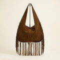 Coffee suede leather fringe bag, front view
