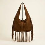 Coffee suede leather fringe bag, front view